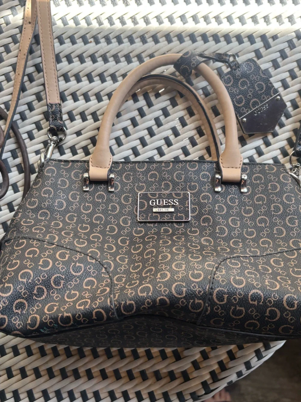 GUESS Brown Logo Satchel with Tan Handles